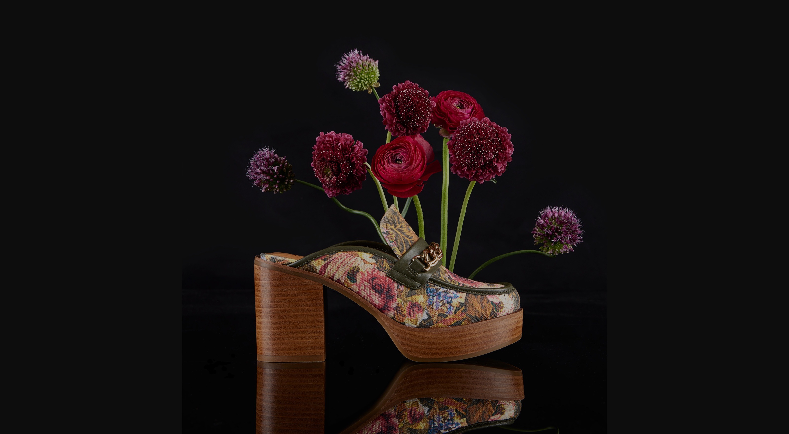 heeled mule with a floral print