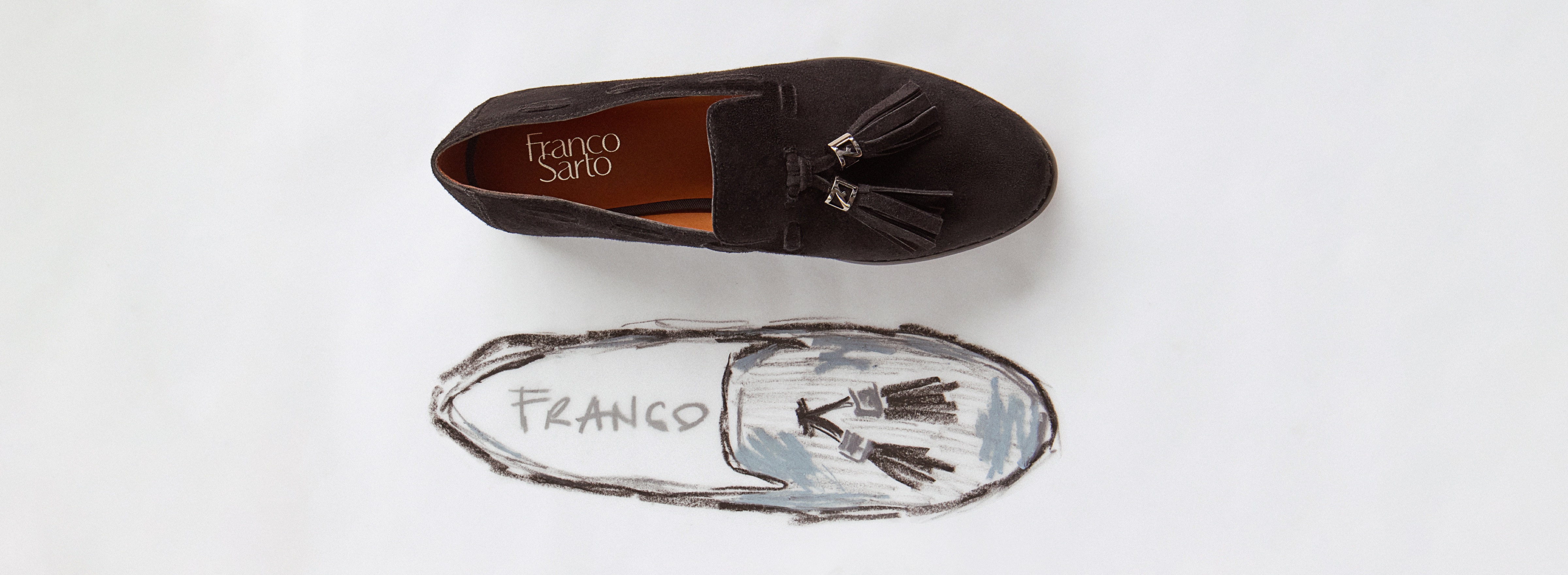 Top view of a brown women’s Hartlie tassel loafer with a drawing of the loafer below it.  