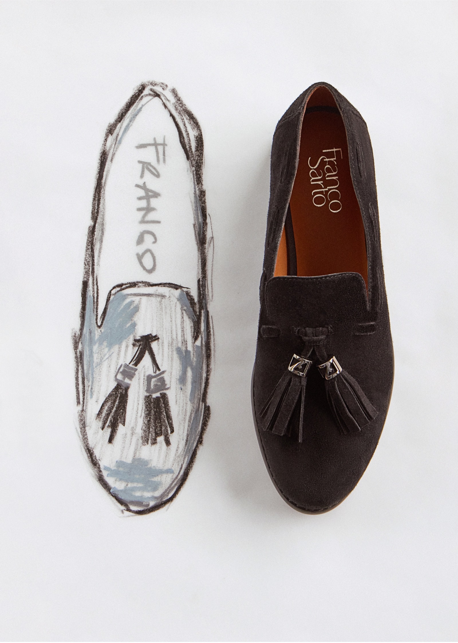 Top view of a brown women’s Hartlie tassel loafer with a drawing of the loafer to the left of it.  