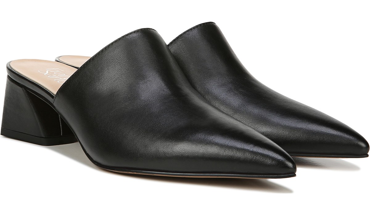 black leather block heel mules