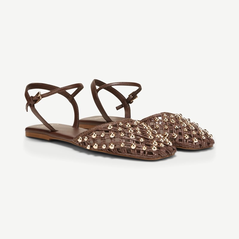 Sarto By Franco Sarto Sarto Inali Slingback Flat Shoes (Coffee Bean Faux Raffia) 6.0 M Round Toe, Ankle Strap, Buckle Closure