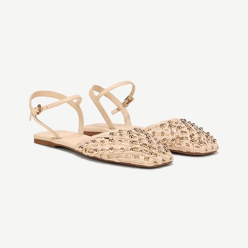 Sarto By Franco Sarto Sarto Inali Slingback Flat Shoes (Natural Beige Faux Raffia) 5.5 M Round Toe, Ankle Strap, Buckle Closure
