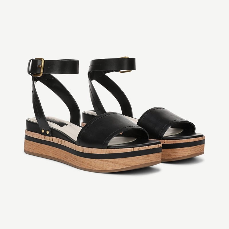 Franco Sarto Shoes Franco Hava Platform Sandal (Black Leather) 7.5 M Round Toe, Buckle Closure