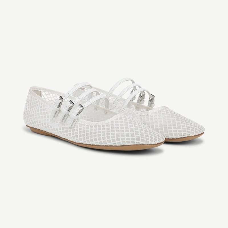 Franco Sarto Franco Tatum Strappy Ballet Flat Shoes (White Fabric) 6.0 M Round Toe, Buckle Closure