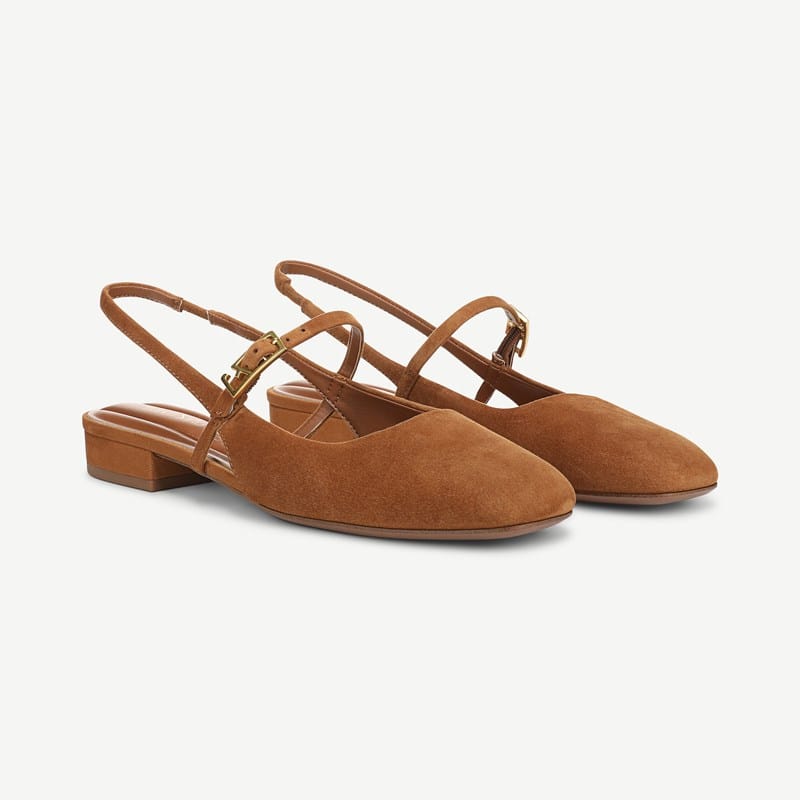 Franco Sarto Franco Destin Slingback Shoes (Saddle Tan Suede) 9.5 M Round Toe, Buckle Closure