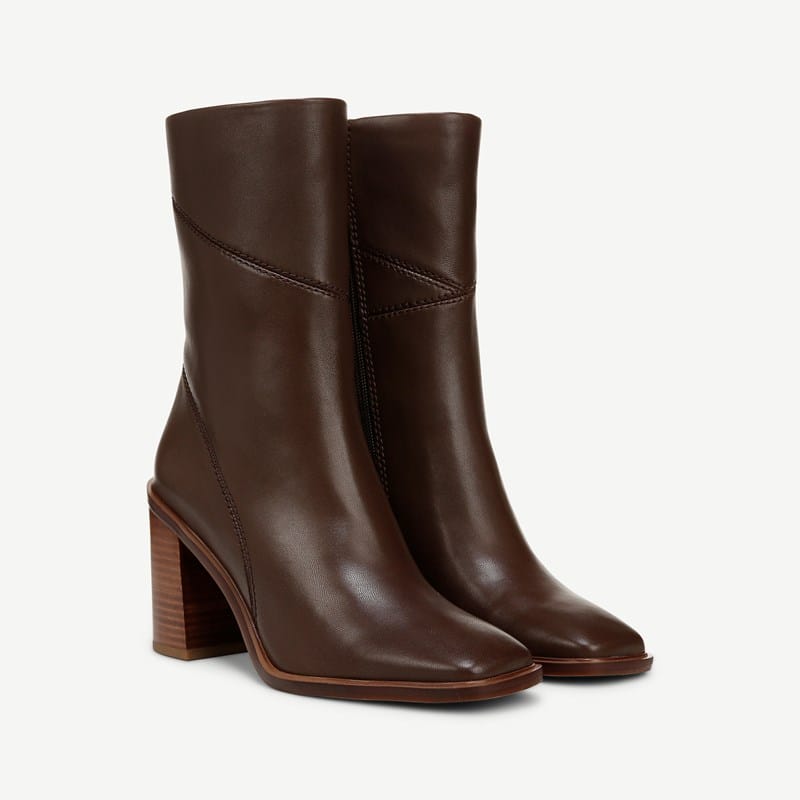 Franco Sarto Franco Stevie Mid Calf Boot (Dark Brown Leather) 10.0 M Square Toe, Stacked Heels