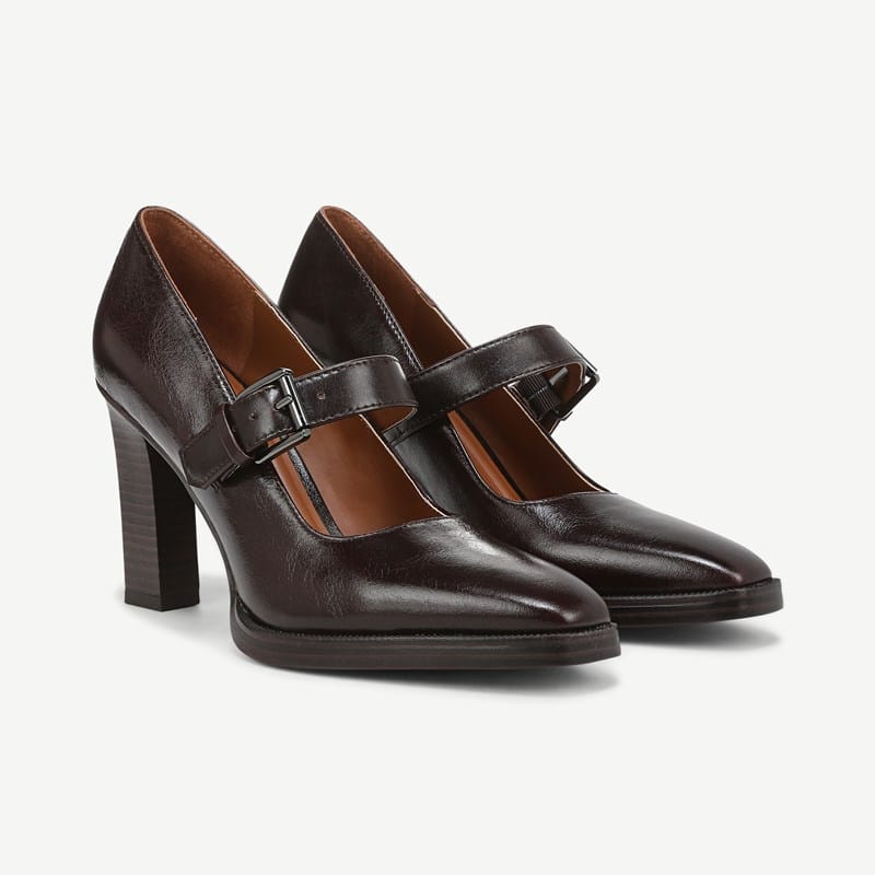 Franco Sarto Franco Shalina Mary Jane Pump (Dark Brown Leather) 5.5 M Square Toe, Platform Heels, Stacked Heels, Buckle Closure