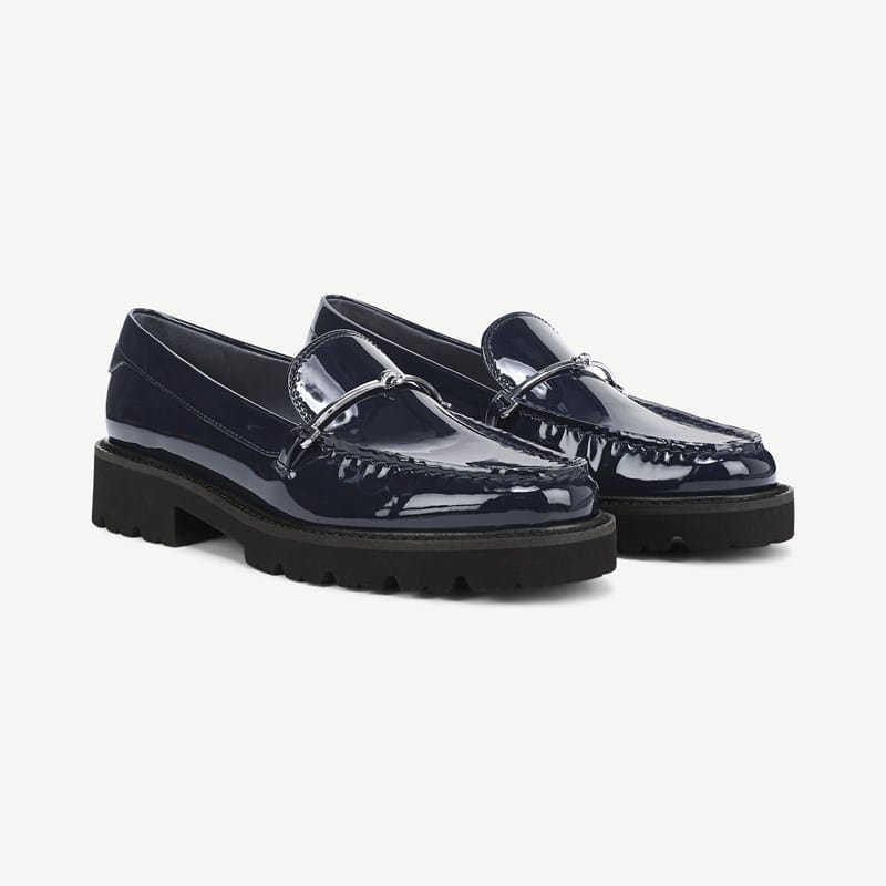 Franco Sarto Franco Senna Lug Sole Loafer (Navy Blue Patent Faux Leather) 11.0 W Slip On Fit, Round Toe, Slip
