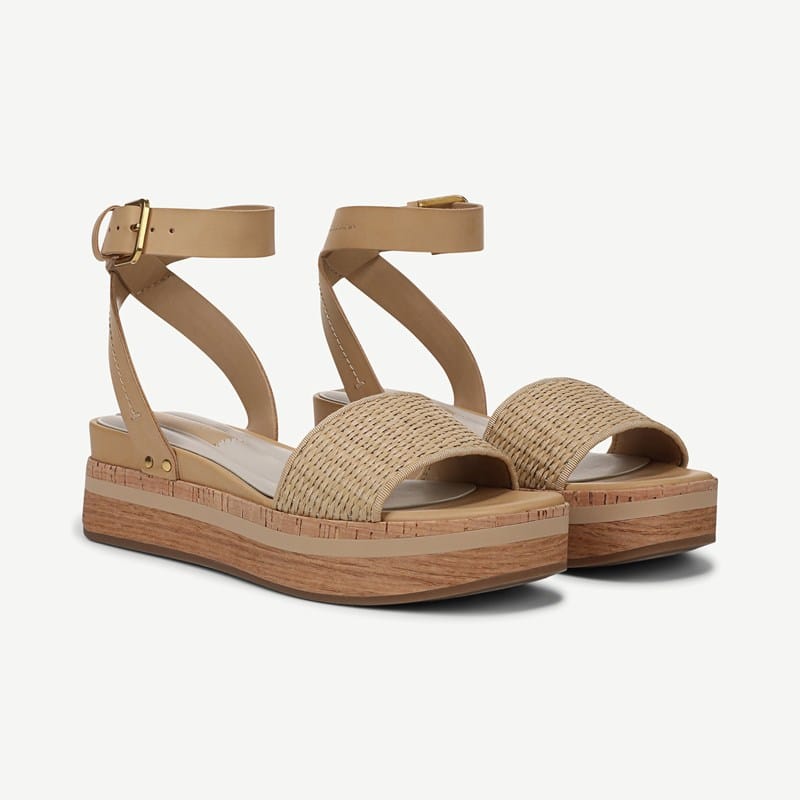 Franco Sarto Shoes Franco Hava Platform Sandal (Straw Beige Woven Fabric) 8.0 M Round Toe, Buckle Closure