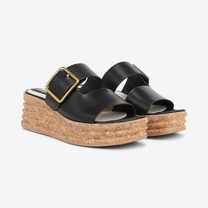 Franco Sarto Shoes Franco Taziana Espadrille Slide Sandal (Black Leather) 7.0 M Round Toe, Platform Heels, Wedge Heels, Buckle Closure