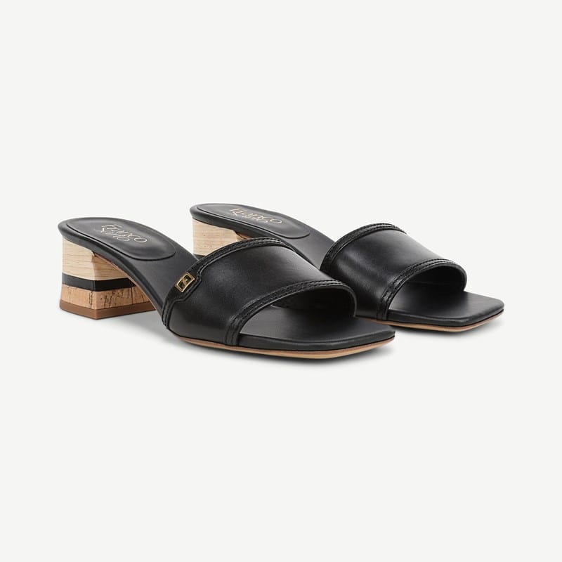 Franco Sarto Shoes Franco Kaori Block Heel Slide Sandal (Black Leather) 6.5 M Slip On Fit, Square Toe, Slip