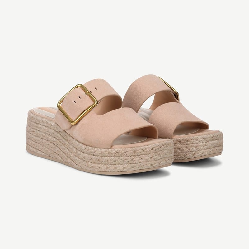 Franco Sarto Shoes Franco Taziana Espadrille Slide Sandal (Papaya Pink Suede) 7.5 M Round Toe, Platform Heels, Wedge Heels, Buckle Closure