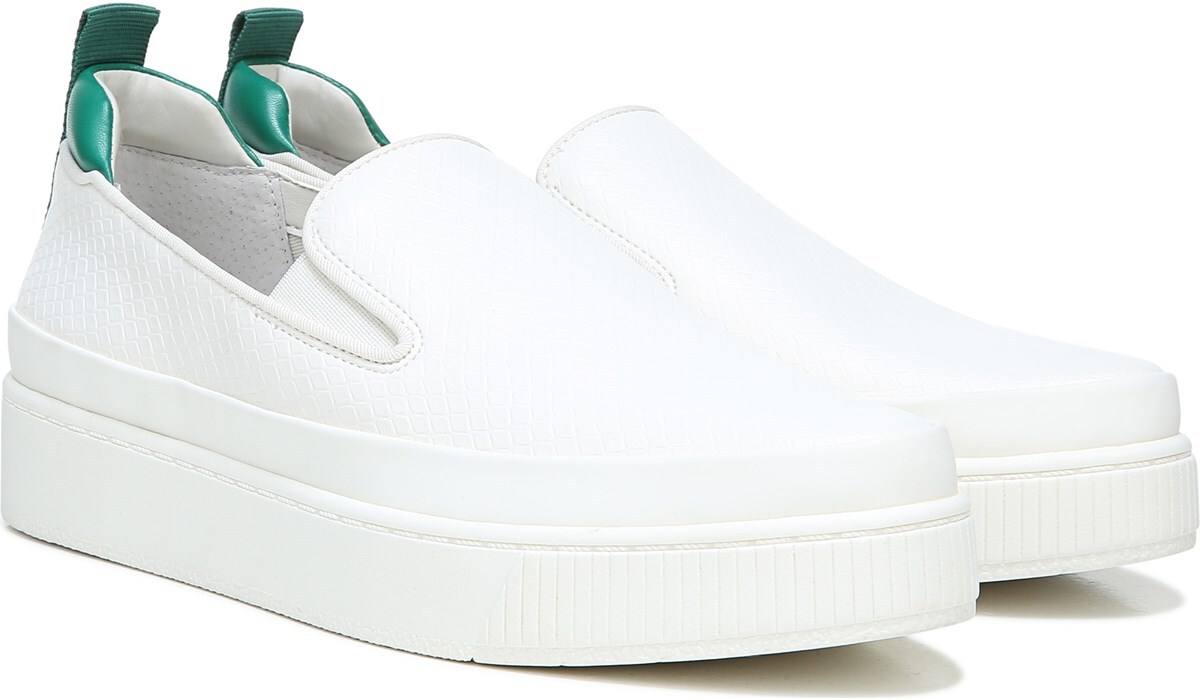 white faux leather slip on sneakers