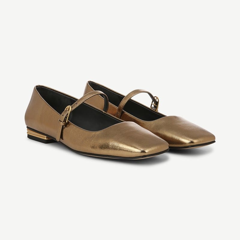 Franco Sarto Franco Tinsley Mary Jane Flat Shoes (Bronze Faux Leather) 6.5 M Square Toe, Buckle Closure