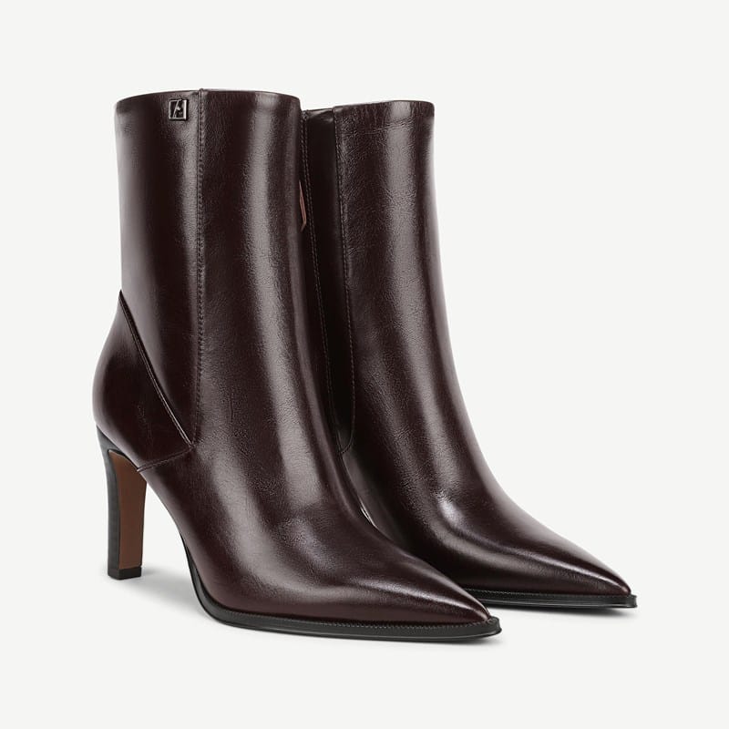 Franco Sarto Franco Appia Booties (Dark Brown Leather) 8.5 M Pointed Toe, Stacked Heels