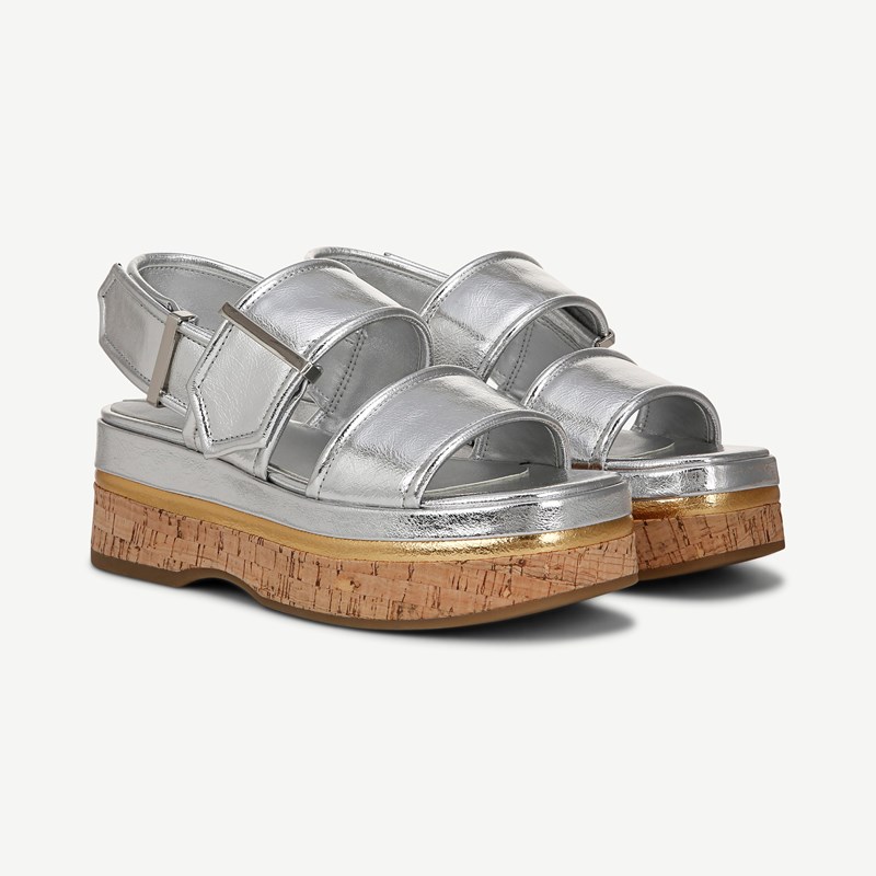 Franco Sarto Shoes Franco Piper Platform Slingback Sandals (Silver Faux Leather) 7.5 M Square Toe