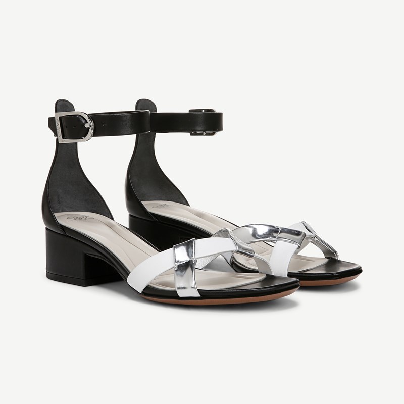 Sarto By Franco Sarto Shoes Sarto Nerissa Dress Sandal (Black/white/silver Leather) 9.0 M Square Toe, Ankle Strap, Buckle Closure
