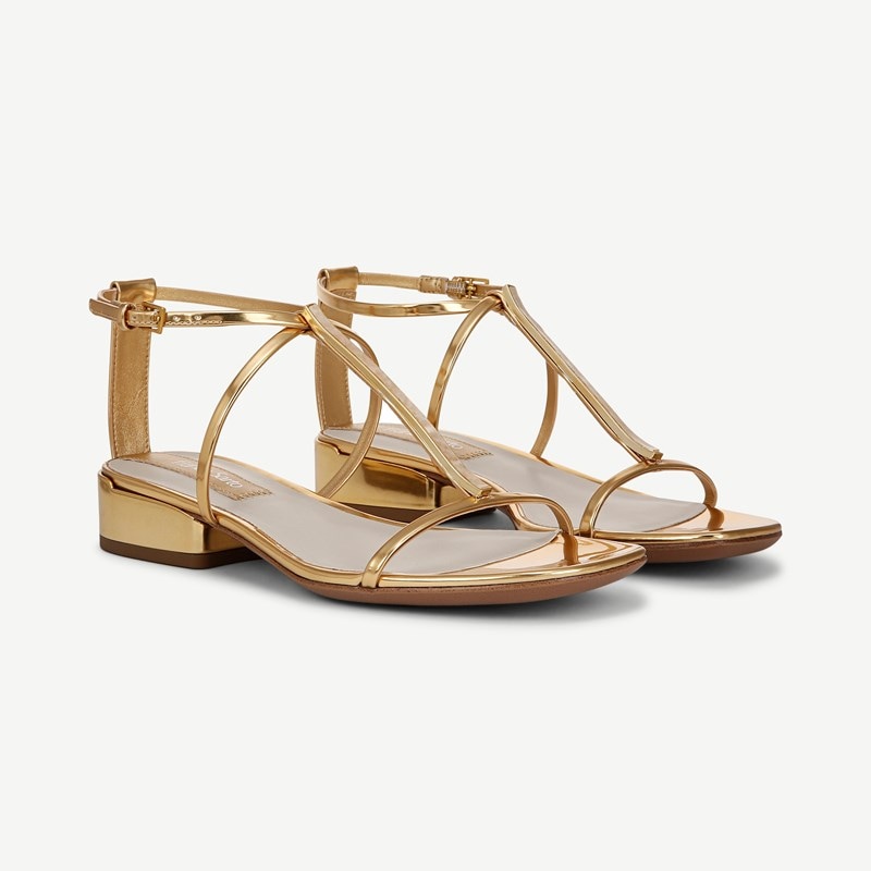 Franco Sarto Shoes Franco Misty Strappy Sandal (Gold Faux Leather) 6.5 M Round Toe, Ankle Strap, Buckle Closure
