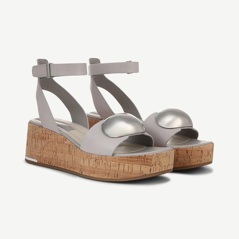 Franco Sarto Shoes Franco Taysha Cork Platform Sandal (Modern Grey Leather) 7.0 M Round Toe