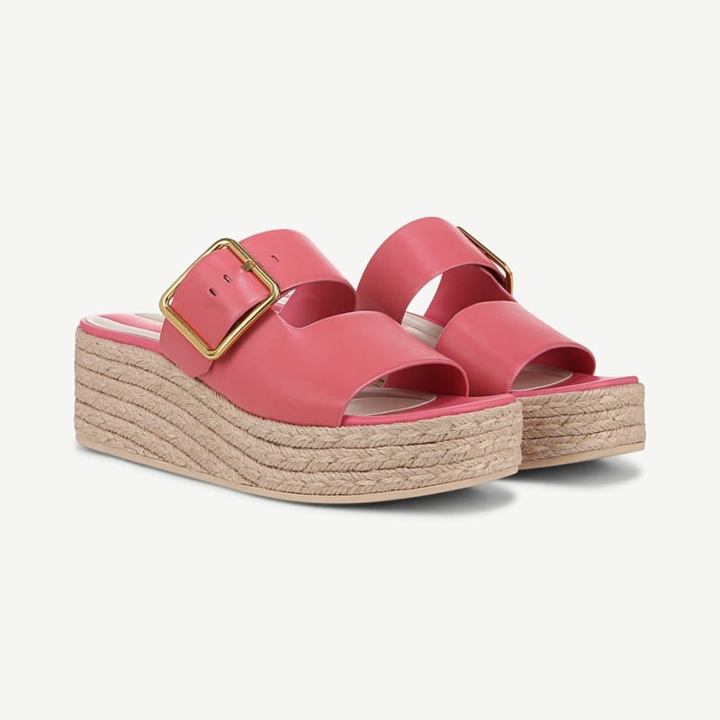 Franco Sarto Shoes Franco Taziana Espadrille Slide Sandal (Strawberry Pink Leather) 8.5 M Round Toe, Platform Heels, Wedge Heels, Buckle Closure