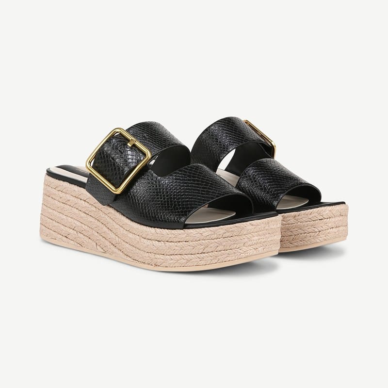 Franco Sarto Shoes Franco Taziana Espadrille Slide Sandal (Black Snake Print Faux Leather) 8.5 M Round Toe, Platform Heels, Wedge Heels, Buckle Closure