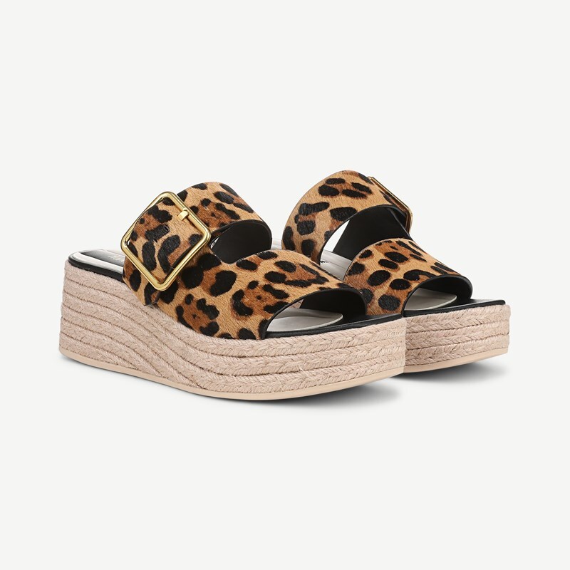 Franco Sarto Shoes Franco Taziana Espadrille Slide Sandal (Leopard Print Calf Hair) 6.5 M Round Toe, Platform Heels, Wedge Heels, Buckle Closure
