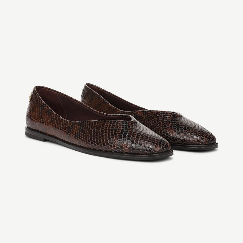 Franco Sarto Franco Tesia Flat Shoes (Dark Brown Snake Print Leather) 5.5 M Slip On Fit, Square Toe, Slip