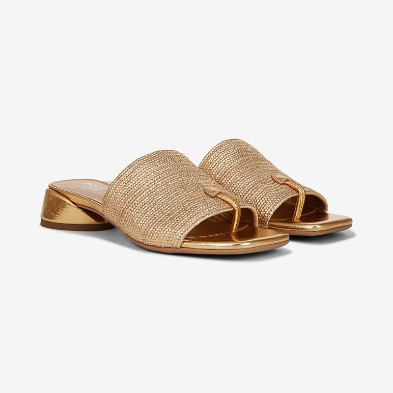 Franco Sarto Shoes Franco Loran Sandal (Gold Raffia) 7.5 W Slip On Fit, Square Toe, Slip-On Fit