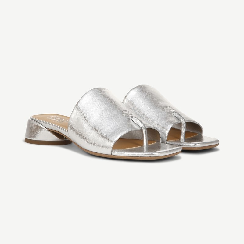 Franco Sarto Shoes Franco Loran Sandal (Silver Synthetic) 5.5 M Slip On Fit, Square Toe, Slip-On Fit