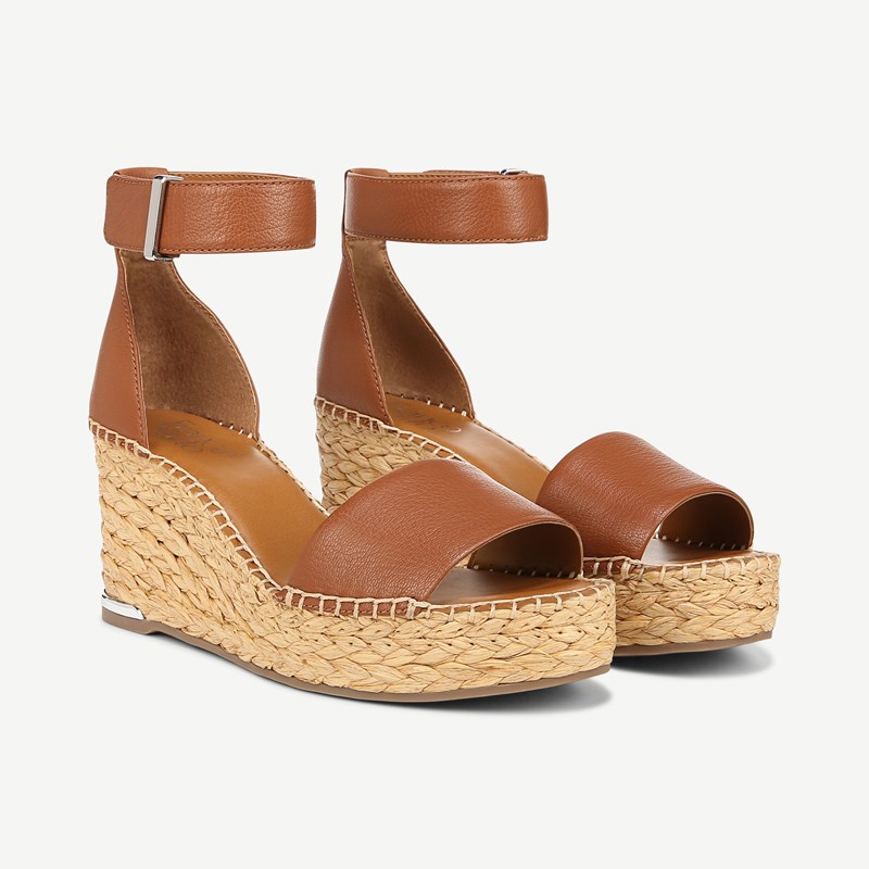 Franco Sarto Shoes Franco Clemens Raffia Espadrille Wedge Sandal (Cognac Brown Leather) 9.0 W Open Toe, Ankle Strap