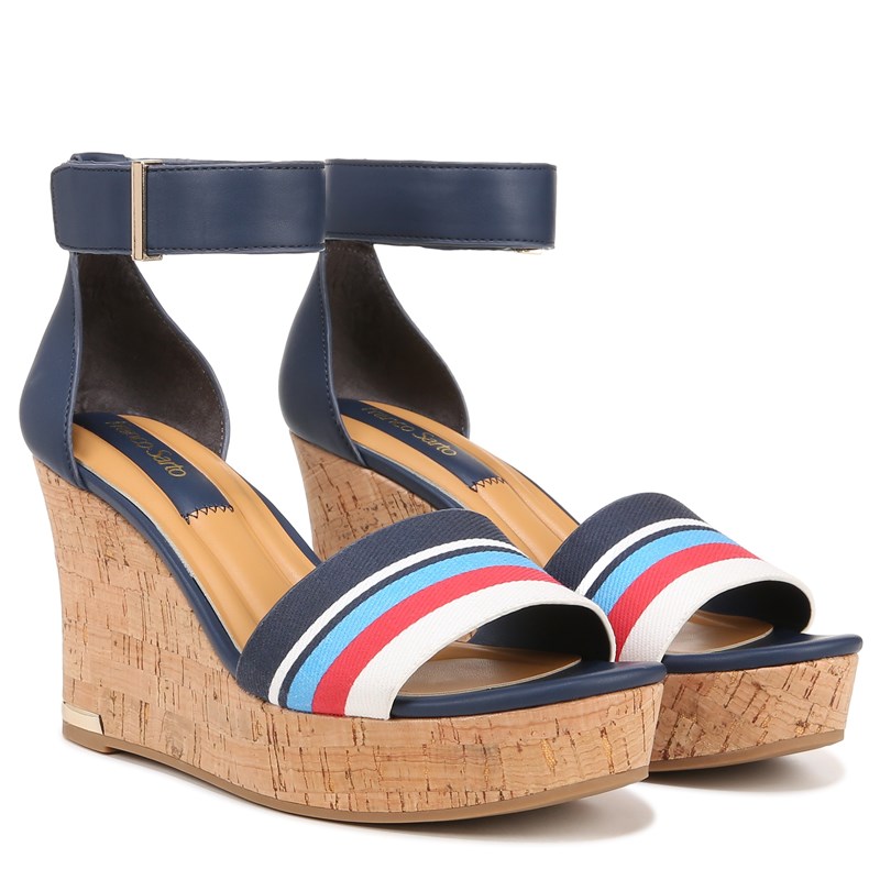 Franco Sarto Shoes Franco Clemens Cork Wedge Sandal (Blue/red Stripe Fabric) 11.0 M Open Toe, Platform Heels, Ankle Strap