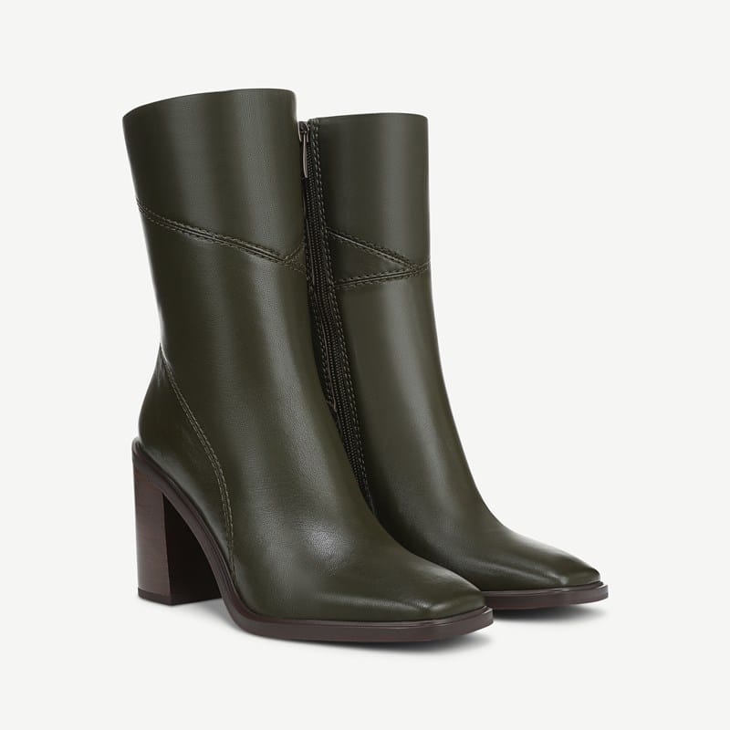 Franco Sarto Franco Stevie Mid Calf Boot (Olive Green Leather) 10.0 M Square Toe, Stacked Heels