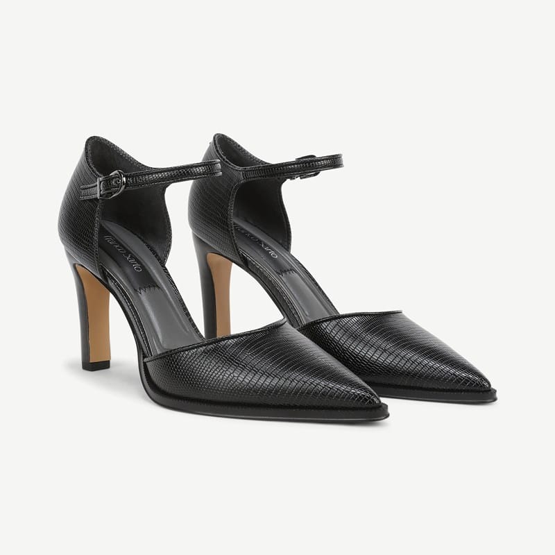 Franco Sarto Franco Alexa Ankle Strap Pump (Black Snake Print Faux Leather) 8.0 M Pointed Toe, Buckle Closure