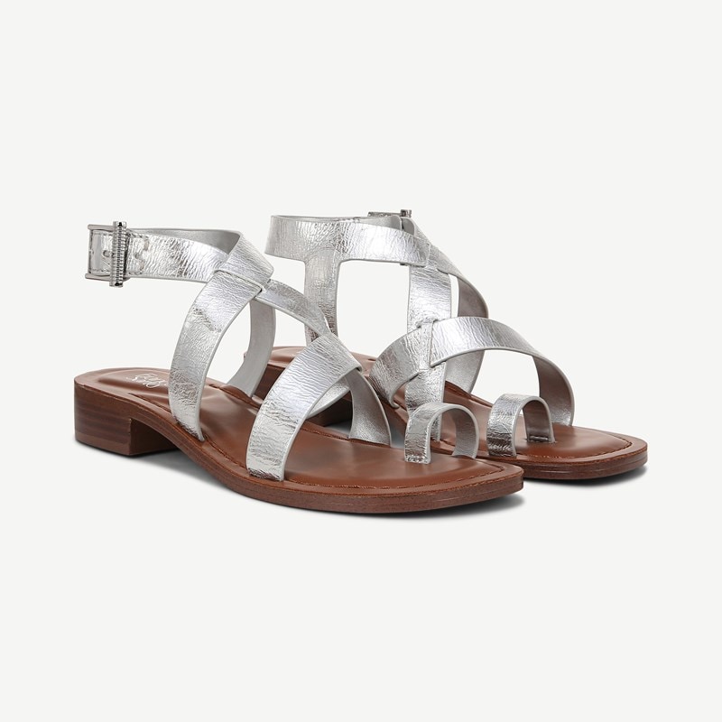 Franco Sarto Shoes Franco Ina Strappy Sandal (Silver Faux Leather) 8.5 M Round Toe, Buckle Closure