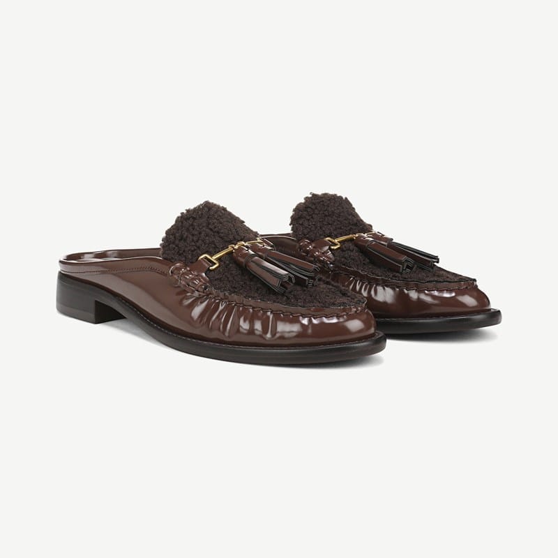 Franco Sarto Women's Callen Almond Toe Mules - Brown Faux Leather/Faux Shearling