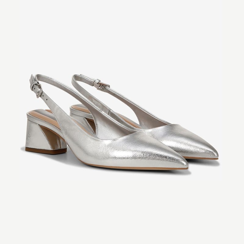 Franco Sarto Franco Racer Slingback Shoes (Silver Faux Leather) 9.0 M Pointed Toe, Buckle Closure