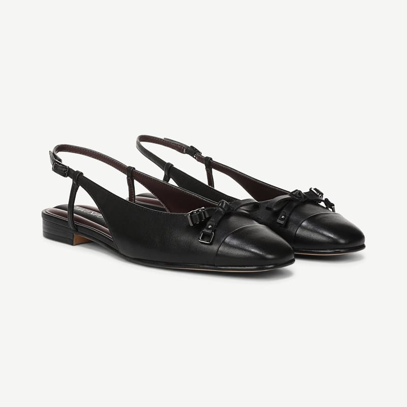 Franco Sarto Franco Ethel Slingback Flat Shoes (Black Leather) 11.0 M Square Toe, Buckle Closure