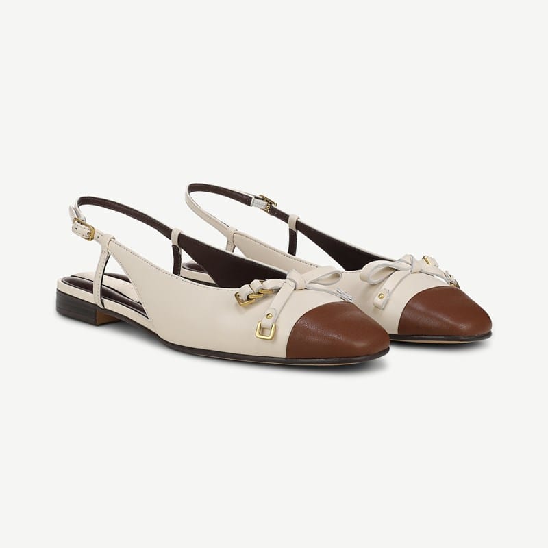 Franco Sarto Franco Ethel Slingback Flat Shoes (Vanilla White/brown Leather) 6.5 M Square Toe, Buckle Closure