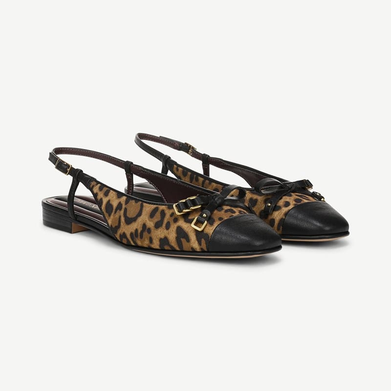 Franco Sarto Franco Ethel Slingback Flat Shoes (Camel Leopard Faux Leather) 10.0 M Square Toe, Buckle Closure