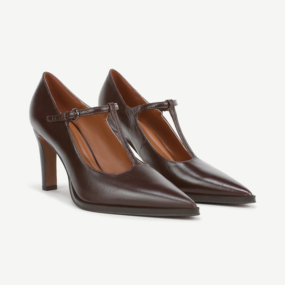 womens brown dress pumps Inspire Pumps - AGSU Brown Leather 1.25" Kitten Heel