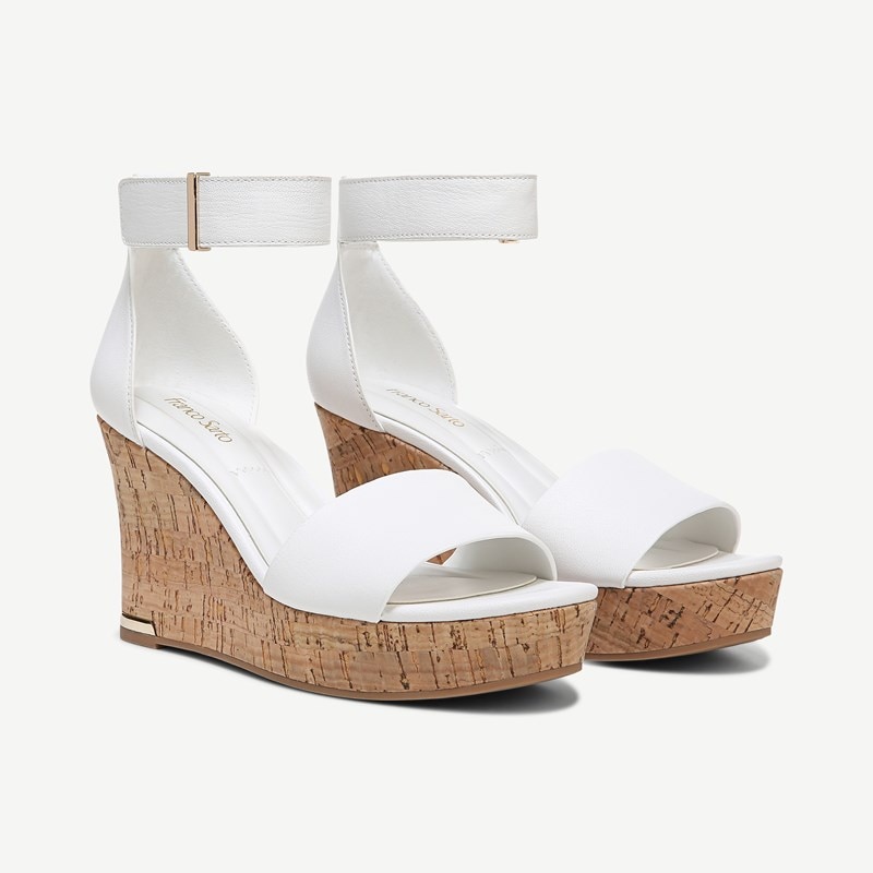 Franco Sarto Shoes Franco Clemens Cork Wedge Sandal (White Leather) 10.0 M Open Toe, Platform Heels, Ankle Strap