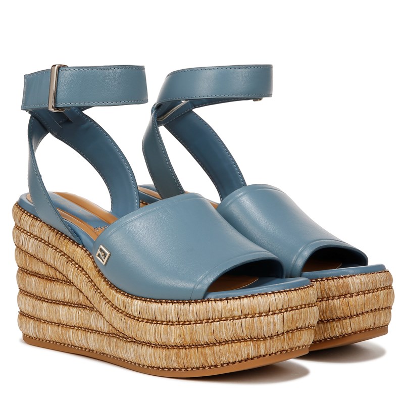Franco Sarto Shoes Franco Toni Espadrille Wedge Sandal (Denim Blue Leather) 8.0 M Open Toe, Platform Heels, Ankle Strap, Buckle Closure