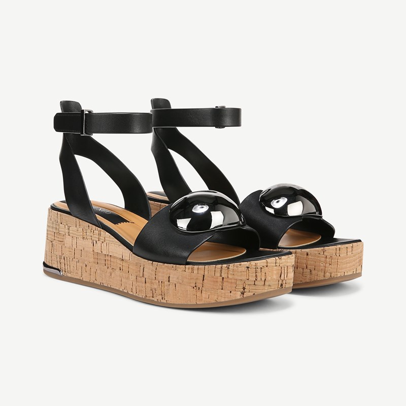 Franco Sarto Shoes Franco Taysha Cork Platform Sandal (Black Leather) 9.5 M Round Toe