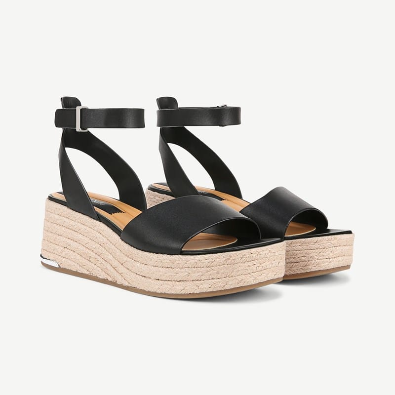 Franco Sarto Shoes Franco Tiffany Platform Espadrille Sandal (Black Leather) 5.5 M Round Toe, Wedge Heels, Ankle Strap