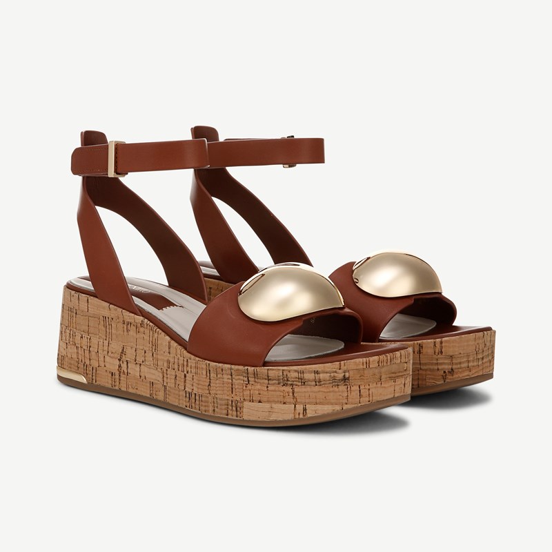 Franco Sarto Shoes Franco Taysha Cork Platform Sandal (Saddle Brown Leather) 5.0 M Round Toe