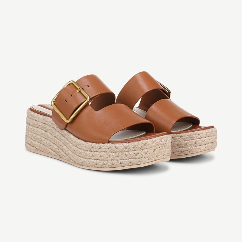 Franco Sarto Shoes Franco Taziana Espadrille Slide Sandal (Cognac Brown Leather) 10.0 M Round Toe, Platform Heels, Wedge Heels, Buckle Closure