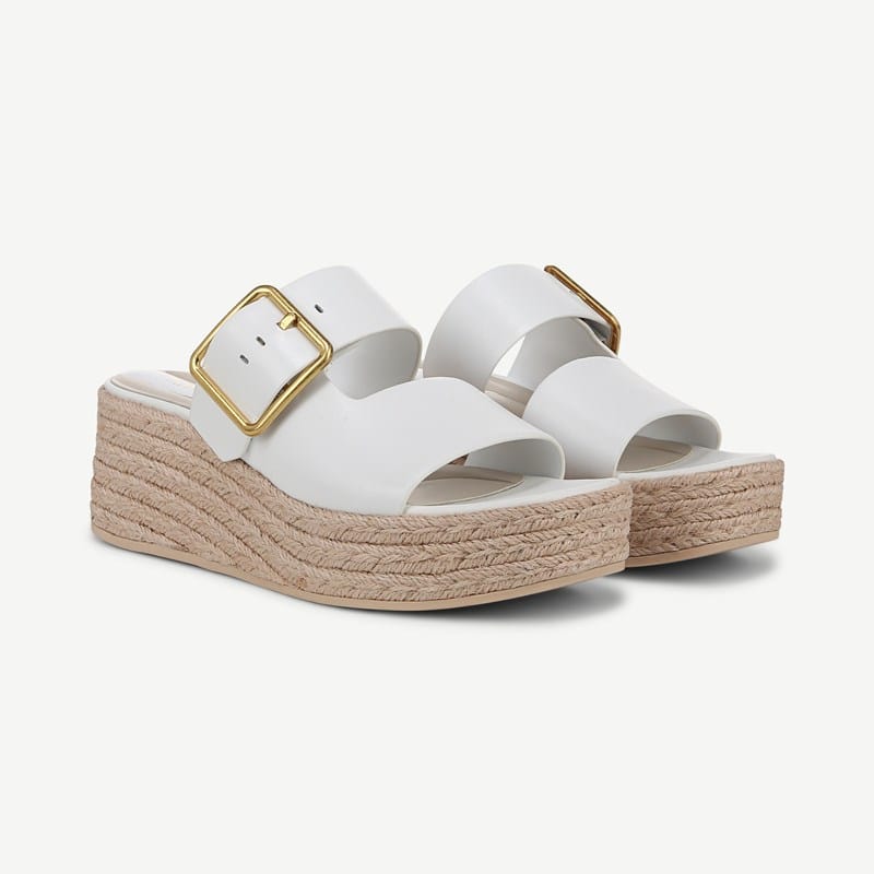 Franco Sarto Shoes Franco Taziana Espadrille Slide Sandal (Bright White Leather) 6.5 M Round Toe, Platform Heels, Wedge Heels, Buckle Closure