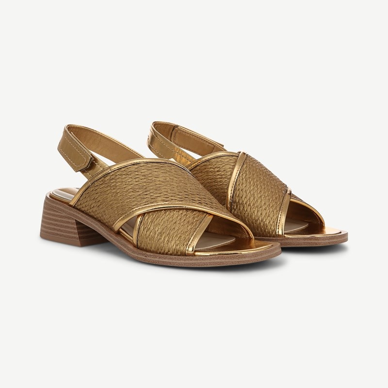 Franco Sarto Shoes Franco Silvie Slingback Sandals (Gold Fabric) 5.0 M Round Toe, Stacked Heels