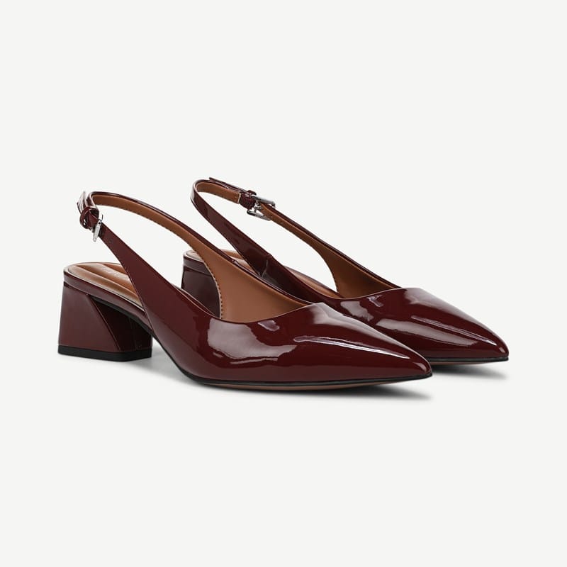 Franco Sarto Franco Racer Slingback Shoes (Dark Red Patent Faux Leather) 5.5 M Pointed Toe, Buckle Closure