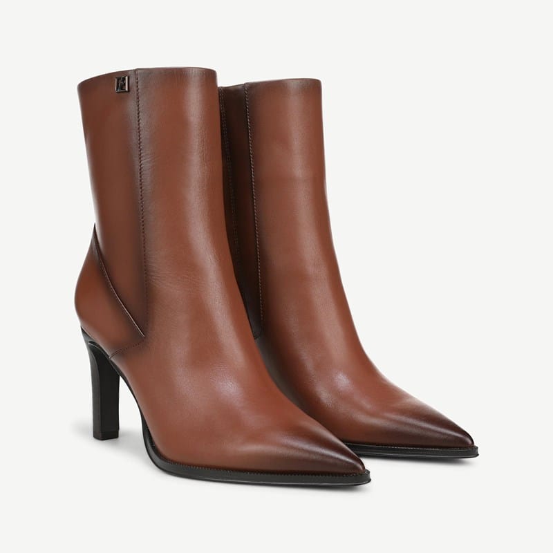 Franco Sarto Franco Appia Booties (Tobacco Brown Leather) 10.0 M Pointed Toe, Stacked Heels